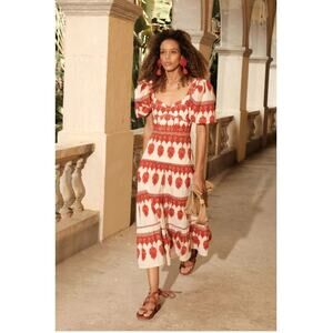 Johanna Ortiz Puff Sleeve Tiered Midi Dress Red Pepper Size 2 Euro Summer